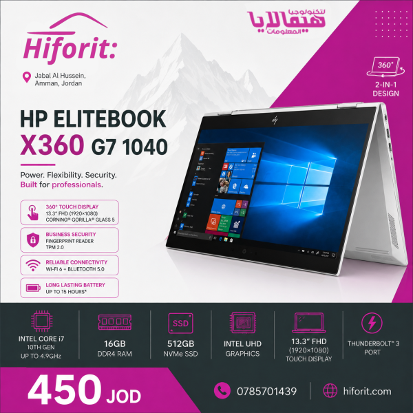 HP EliteBook x360 1040 G7 14" Touch – Core i7-10810U, 16GB, 512GB NVMe